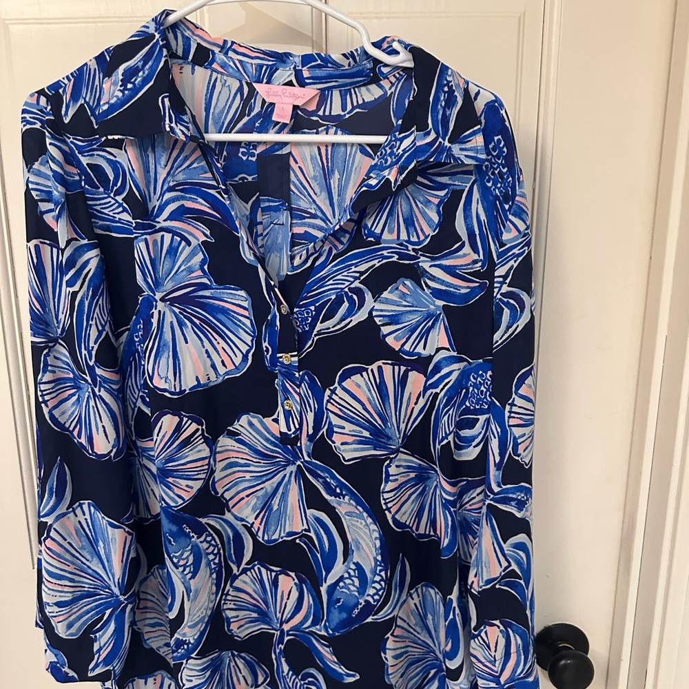 Lilly Pulitzer Blue Graphic Blouse with Notched Collar